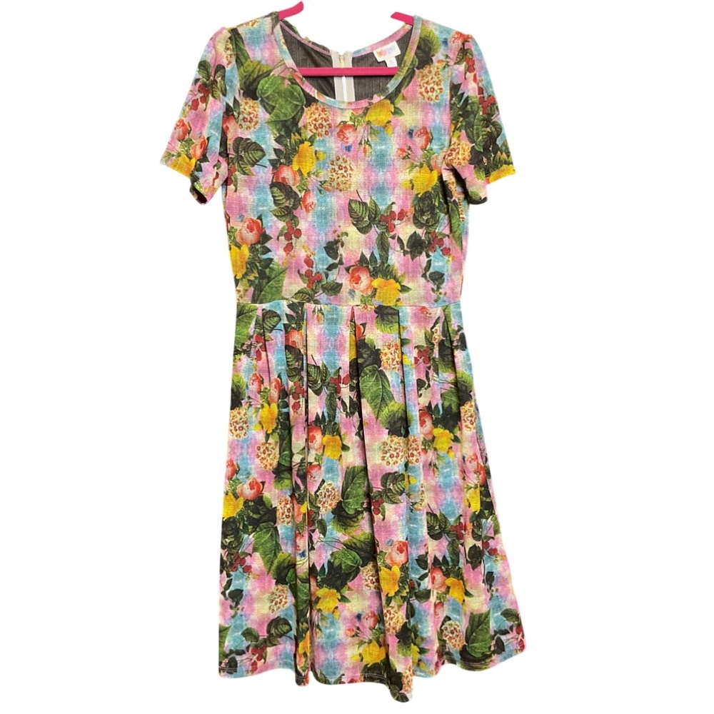 LuLaRoe Dress Womens XL Pink Green Yellow Floral Print Back Zipper Casual Pocket